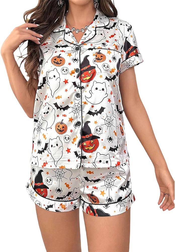 RUEWEY Halloween Womens Pajamas Set Ghost Pumpkin Print Short Sleeve Button Down 2 Piece Loungewe... | Amazon (US)