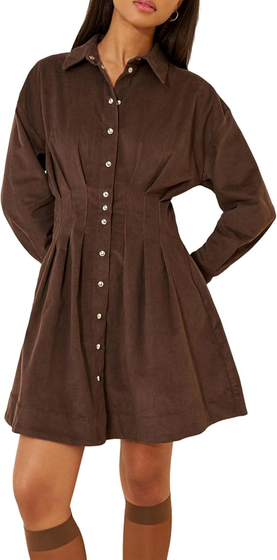 Huaqiao Womens Corduroy Pleated Button Down Shirt Dress Long Sleeve Casual Collared Y2K Corset Mi... | Amazon (US)