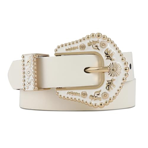 RISANTRY Women's White Leather Belt Vintage Western Cowboy Style Buckle Waist Belt for Pants Jeans Dresses | Amazon (US)