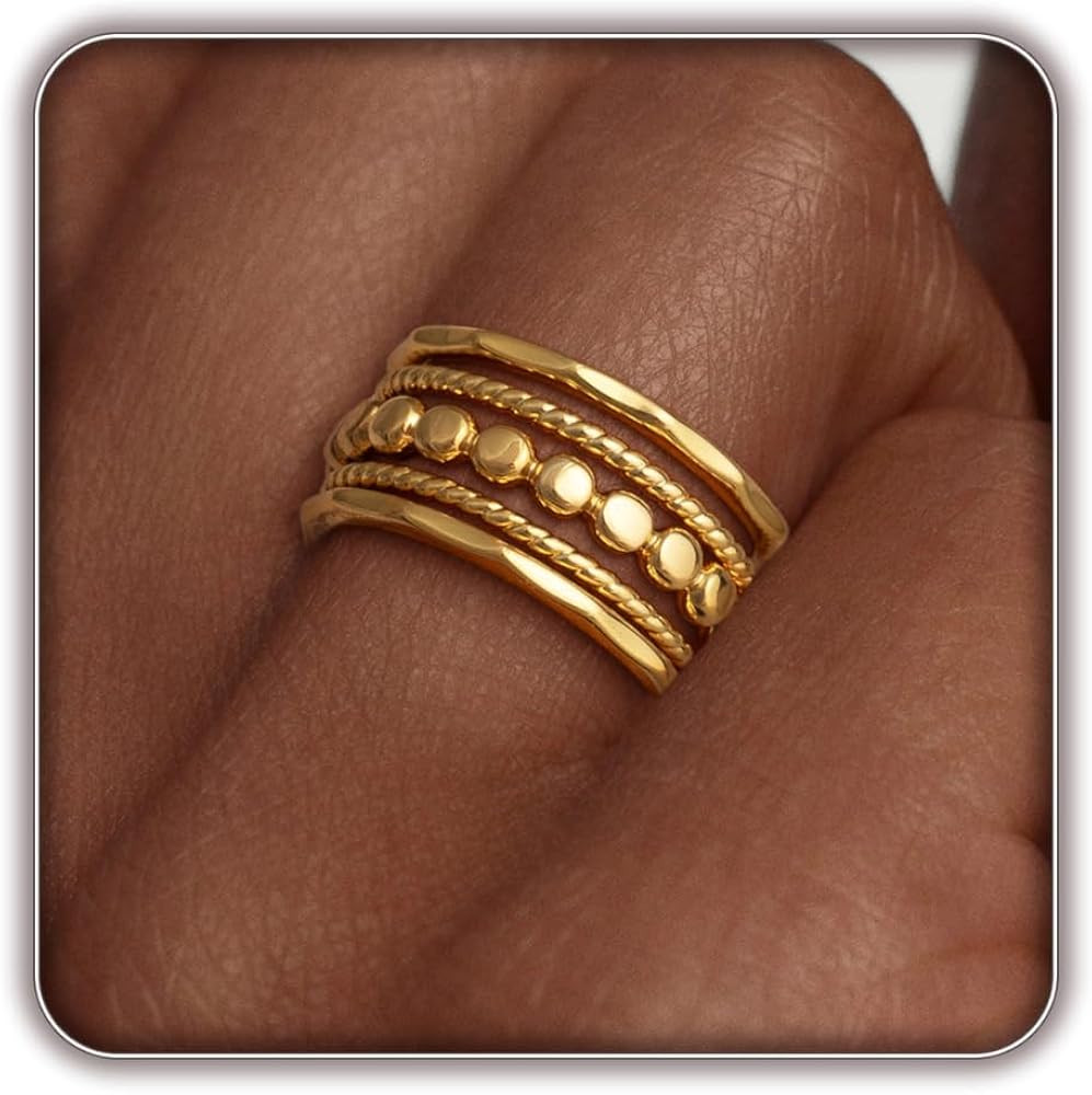 FISSEN JEWELRY 5PCS Gold Rings for Women, Dainty 14K Gold Plated Finger Rings, Trendy Stackable T... | Amazon (US)