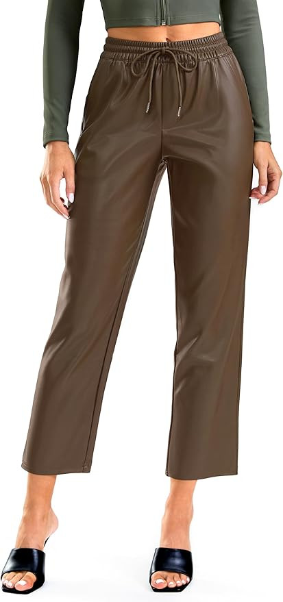 SANTINY Women's Faux Leather Pants High Waisted Straight Leg Cropped Ankle Trousers Matte Pleathe... | Amazon (US)