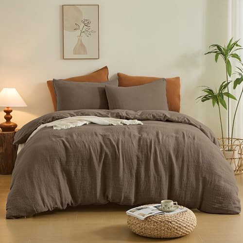 Simple&Opulence Linen Muslin Duvet Cover Set California King, 3Pcs Brown Linen Cotton 3-Layer Gau... | Amazon (US)
