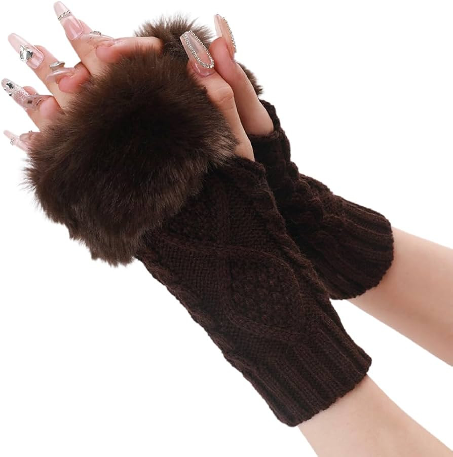 2 Pairs Brown Knit Fingerless Gloves Winter Crochet Coffee Furry Arm Warm Sleeves Soft Fluffy Kni... | Amazon (US)