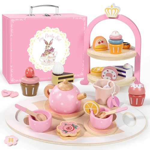 Wooden Tea Party Set for Little Girls, Toddler Girl Gifts Princess Tea Time Toys, Wooden Tea Set Tray Cake Dessert, Kids Kitchen Pretend Play, Birthday for Girls Age 2-5 Years Old | Amazon (US)
