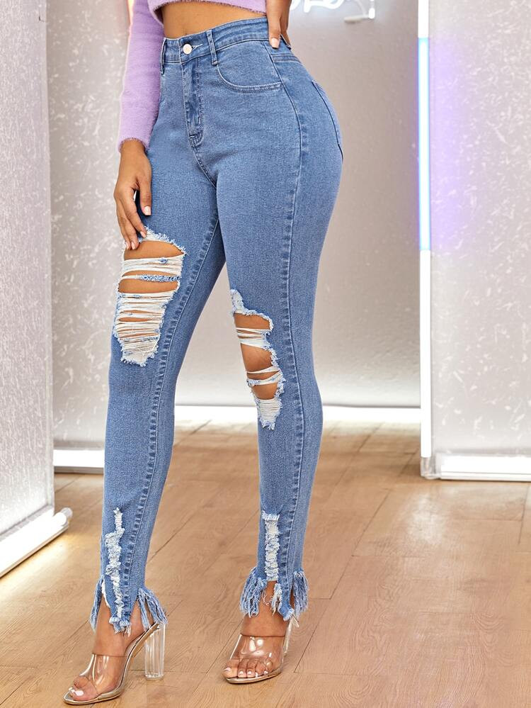 Cut Out Ripped Frayed Hem Skinny Jeans | SHEIN