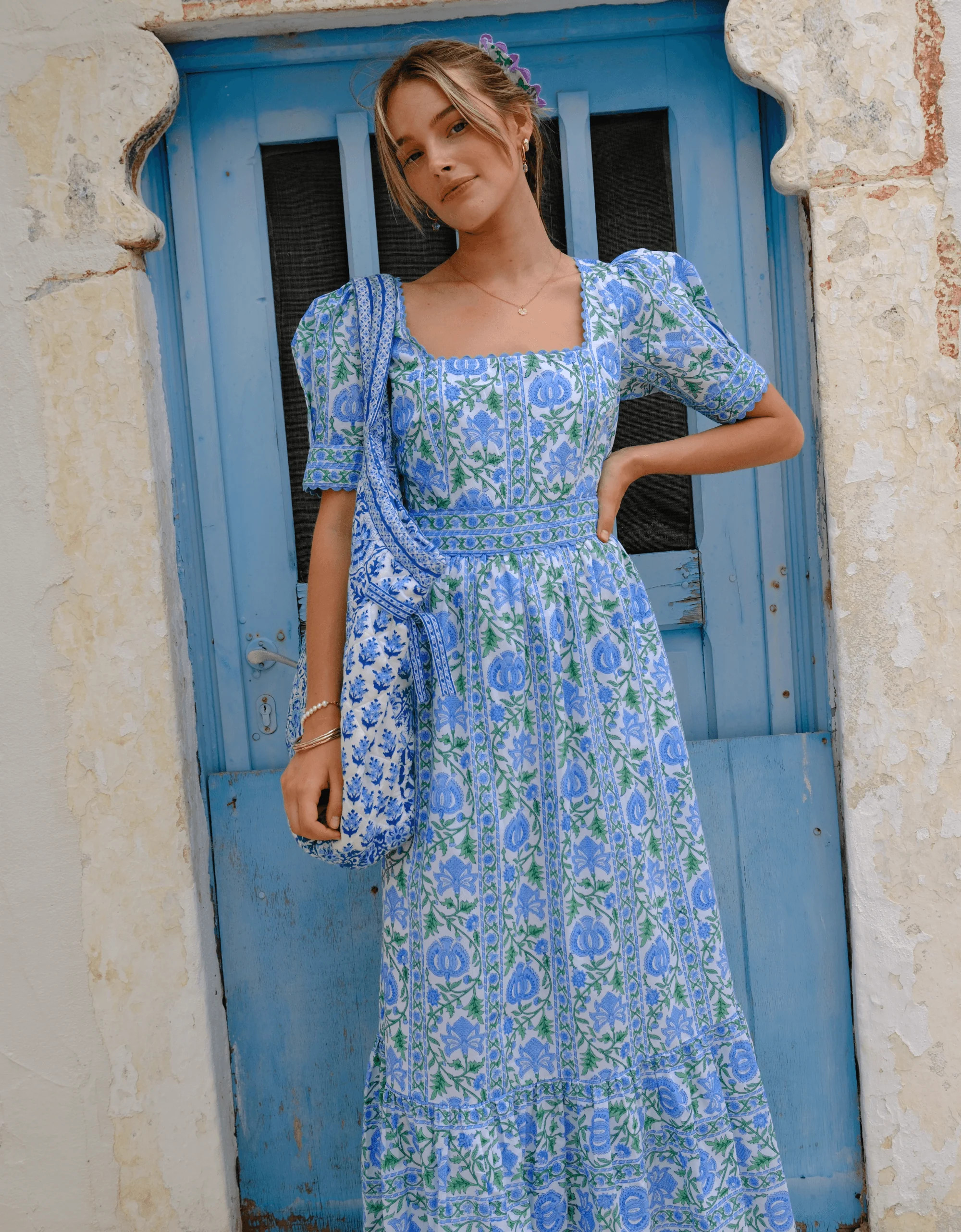 Evelyn Dress | Blue & Green Floral Midi | Block Print Cotton | Pink City Prints UK