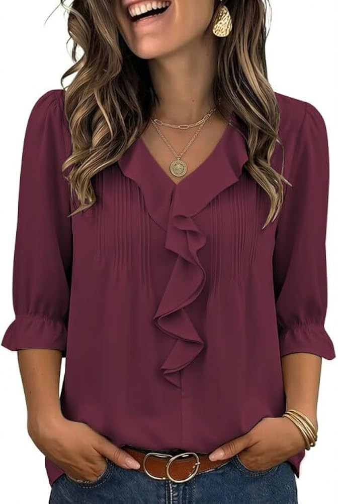 Theenkoln Womens Victorian Ruffle Blouse:3/4 Ruffle Sleeve V-Neck Business Casual Tops Summer Tre... | Amazon (US)