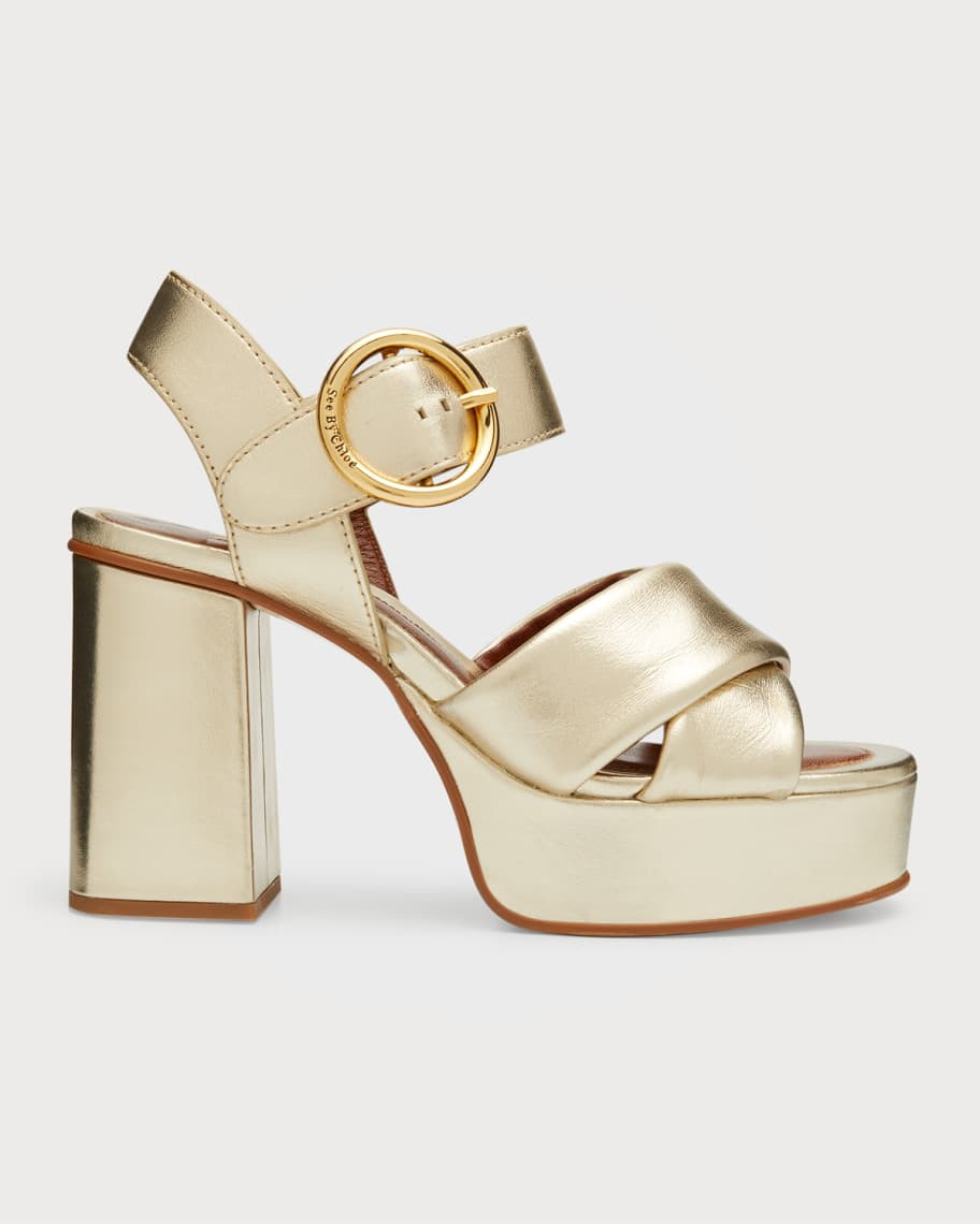 See by Chloe Lyna Metallic Crisscross Platform Sandals | Neiman Marcus