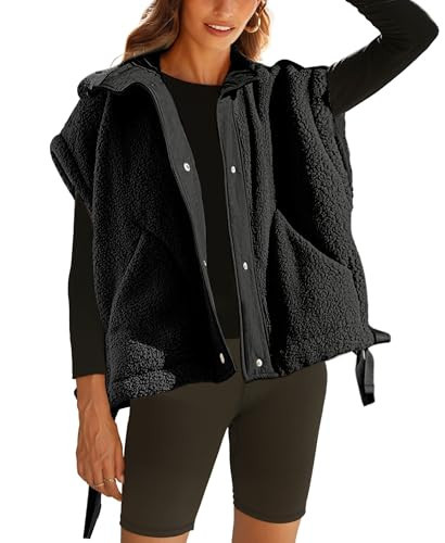 OPCAKM Women's Fuzzy Fleece Vest Oversized Sleeveless Sherpa Jacket Warm Button Down Gilet Outerwear with Pockets(Black-XS) | Amazon (US)