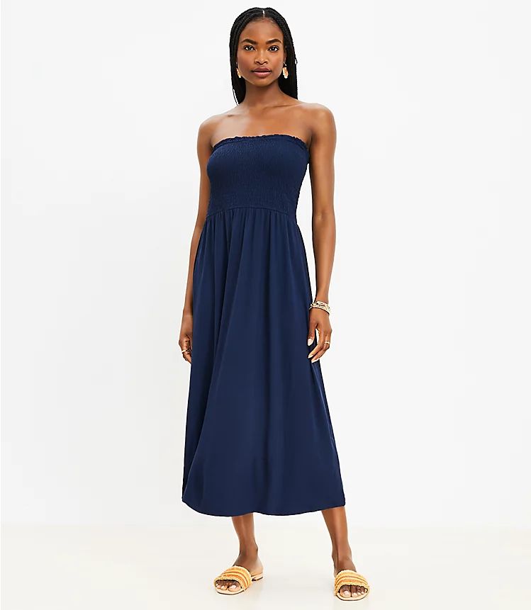 Smocked Strapless Midi Dress | LOFT