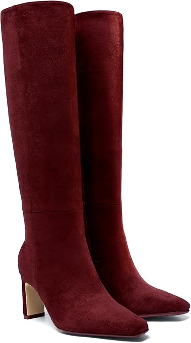 Burgundy Knee High Boots for Women Square Toe Chunky Heeled Boots Fall Dress Elastic Tall Boots w... | Amazon (US)