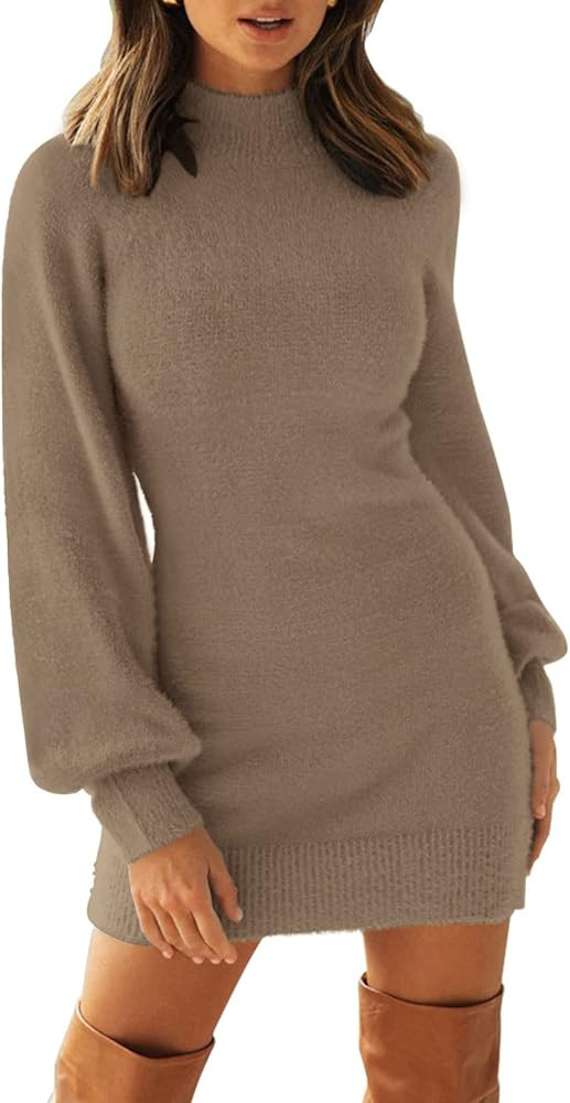 ZESICA Women's Casual Turtleneck Long Puff Sleeve Soft Fuzzy Knit Bodycon Pullover Mini Sweater Dres | Amazon (US)