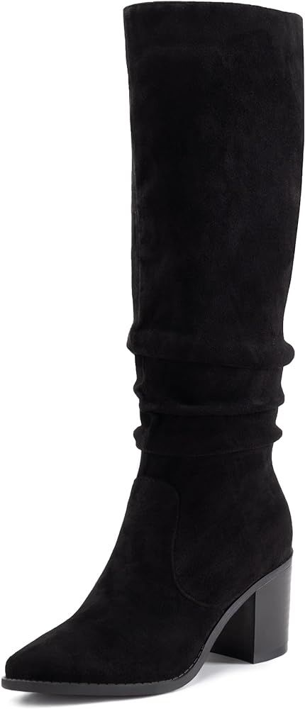 Womens Knee High Chunky Heel Boots Faux Suede Pointed Toe Side Zipper Boots | Amazon (US)