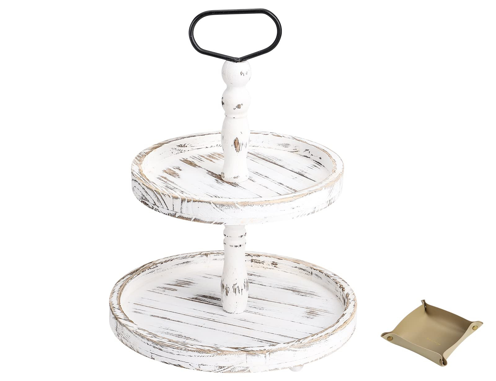 Farmhouse Wooden Decorative Two Tiered Trays+ Pu Leather Tray,Wood 2 Tier Serving Tray Stand for Rustic Table Centerpiece,Kitchen Decor,Coffee Bar, or Cupcake Stand (White) | Amazon (US)