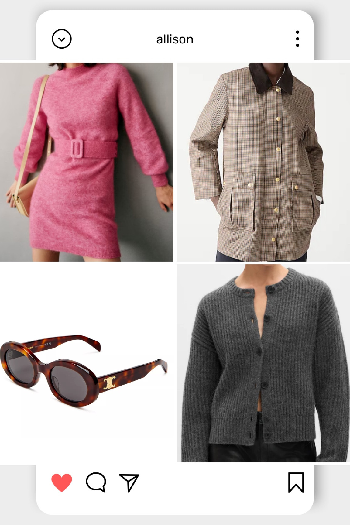 Allison’s fall favs from
- sezane 
- j crew
- Celine 
- gap



#LTKHoliday #LTKSeasonal #LTKGiftGuide