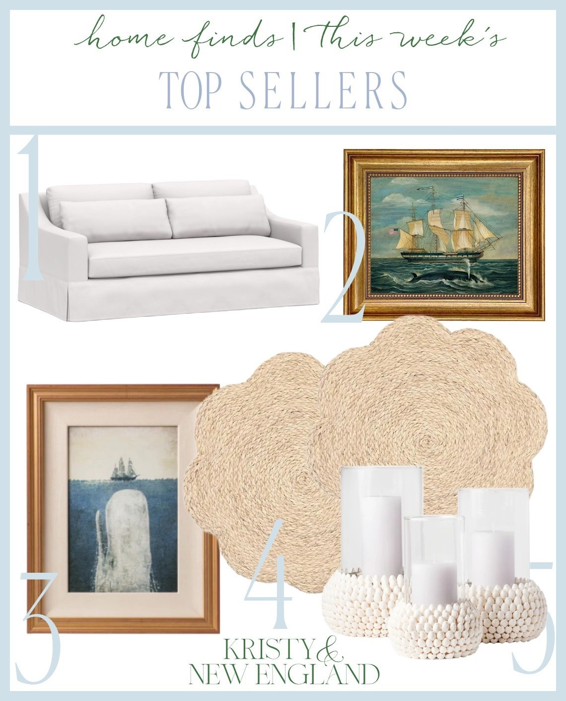 Top sellers from our home White slipcovered sofa, nautical art, place mats, shell hurricanes 

#LTKHome #LTKOver40
