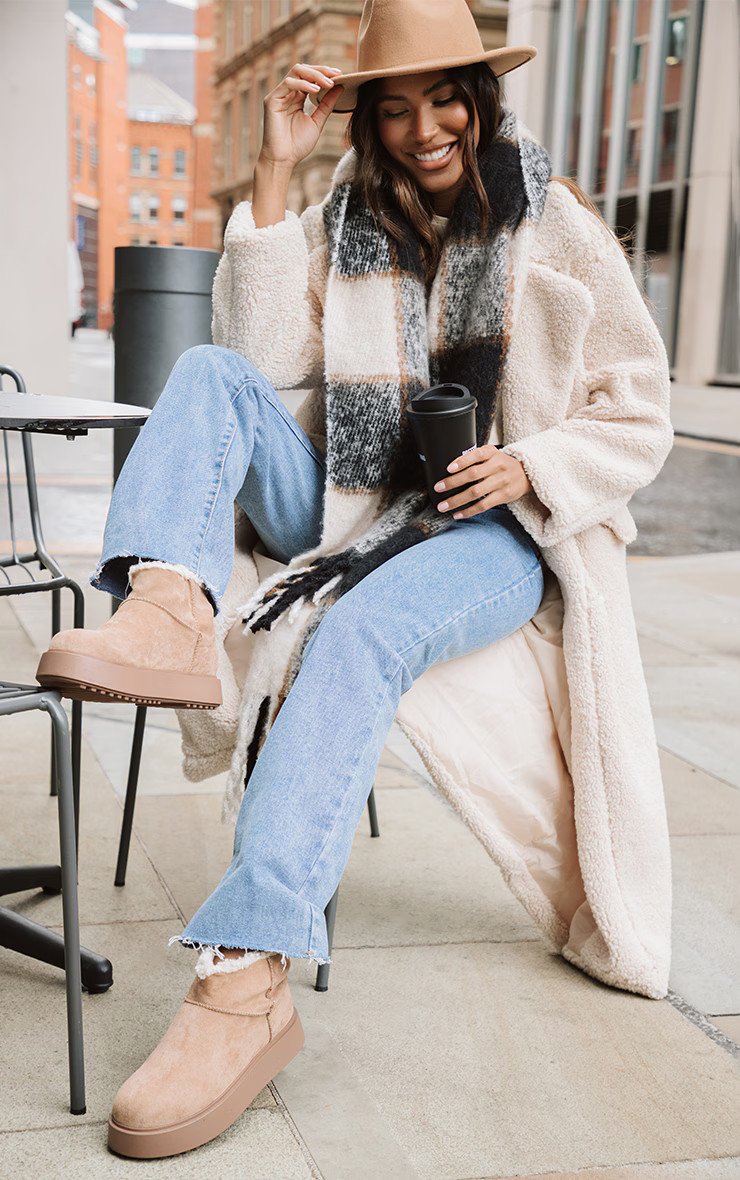 Brown Faux Suede Round Toe Thick Flat Sole Ankle Boots | PrettyLittleThing US