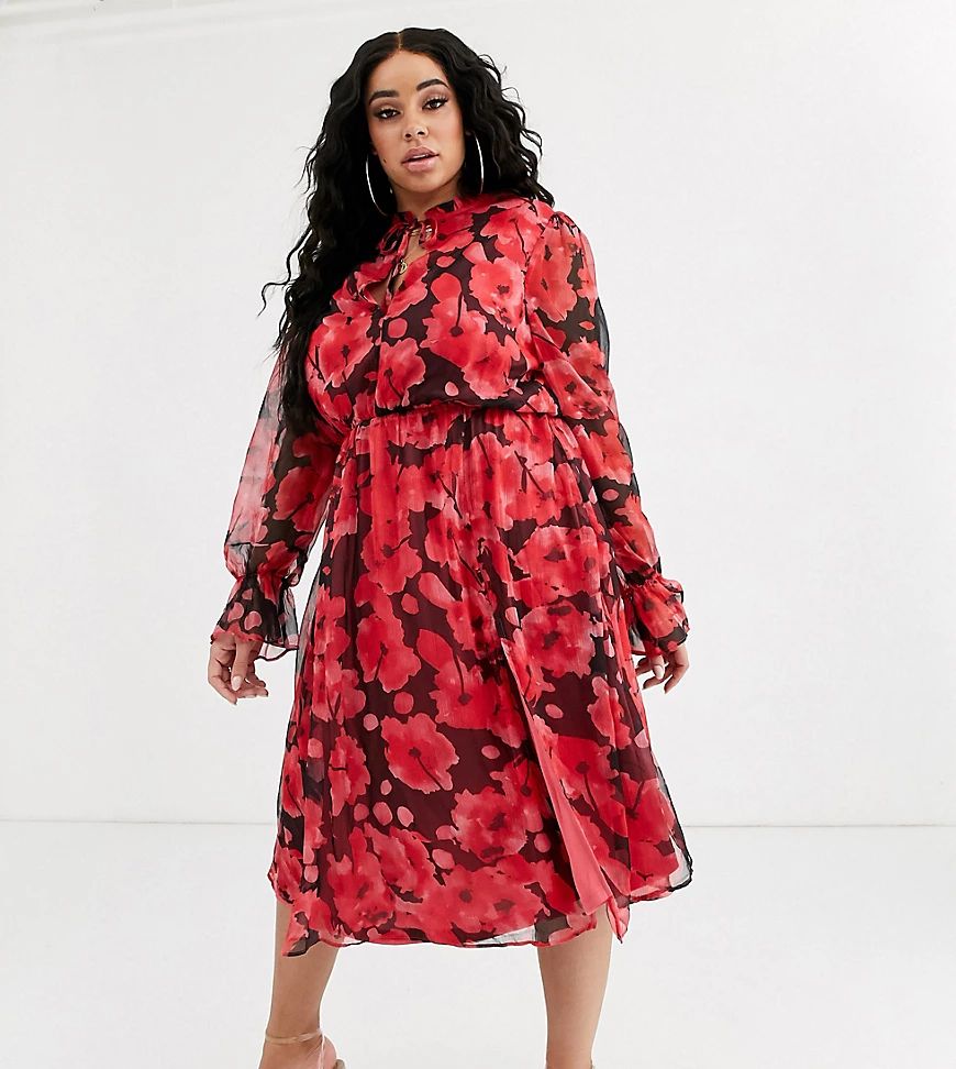 Missguided Plus high neck midi dress in black and red floral | ASOS (Global)
