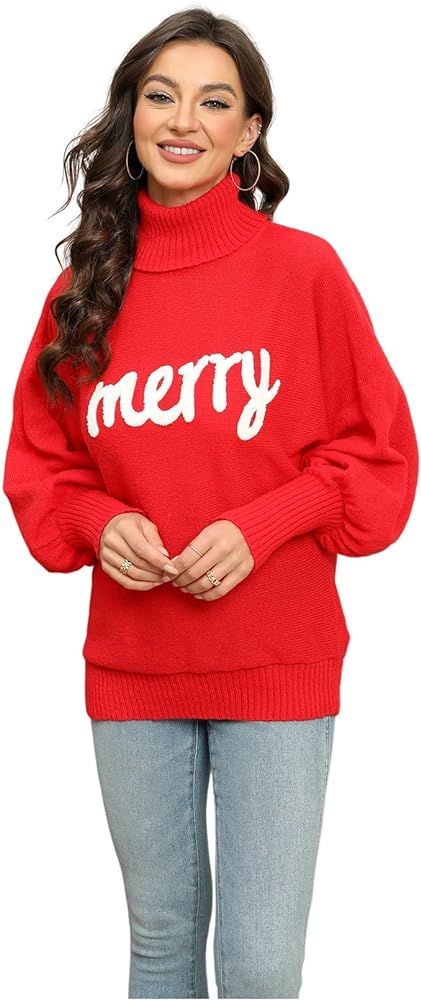 Womens Turtleneck Sweaters Merry Christmas Knitted Sweatshirt Long Sleeve Pullover Sweater Top | Amazon (US)