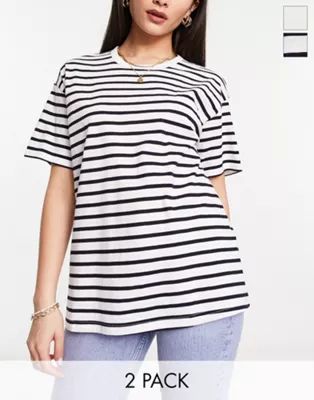 Bershka oversized t-shirt 2 pack in white and stripe | ASOS (Global)