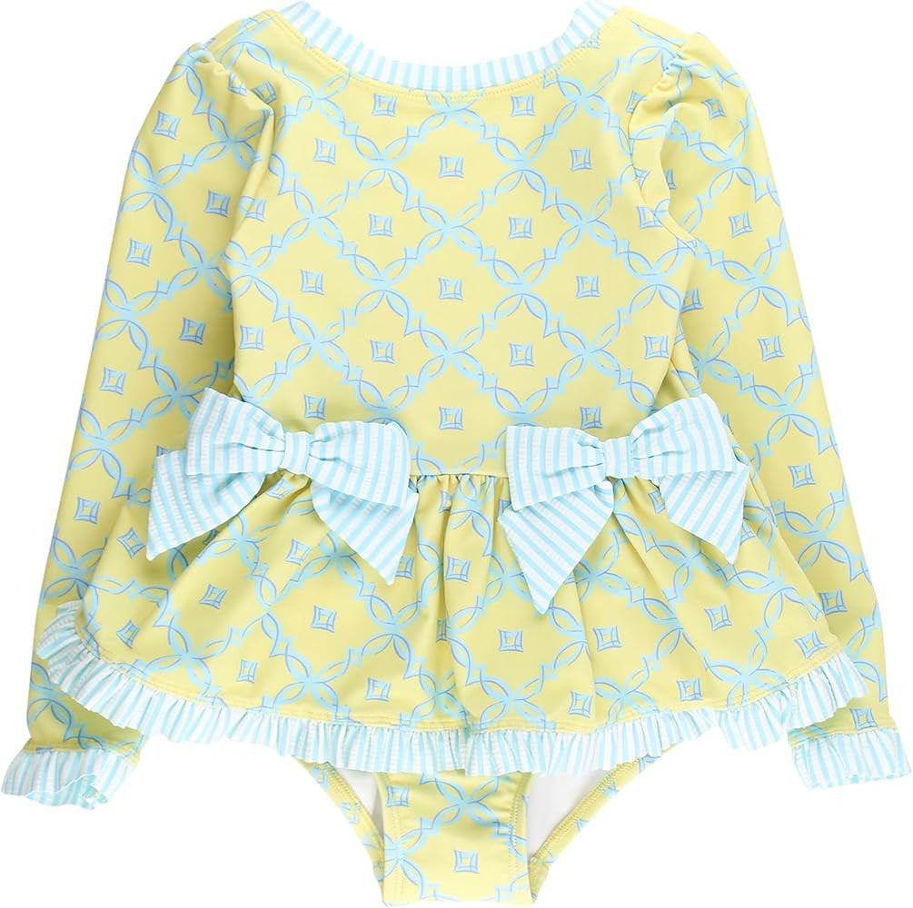 RuffleButts Girls UPF50+ Long Sleeve One Piece Bow Peplum Rash Guard Swimsuit | Amazon (US)