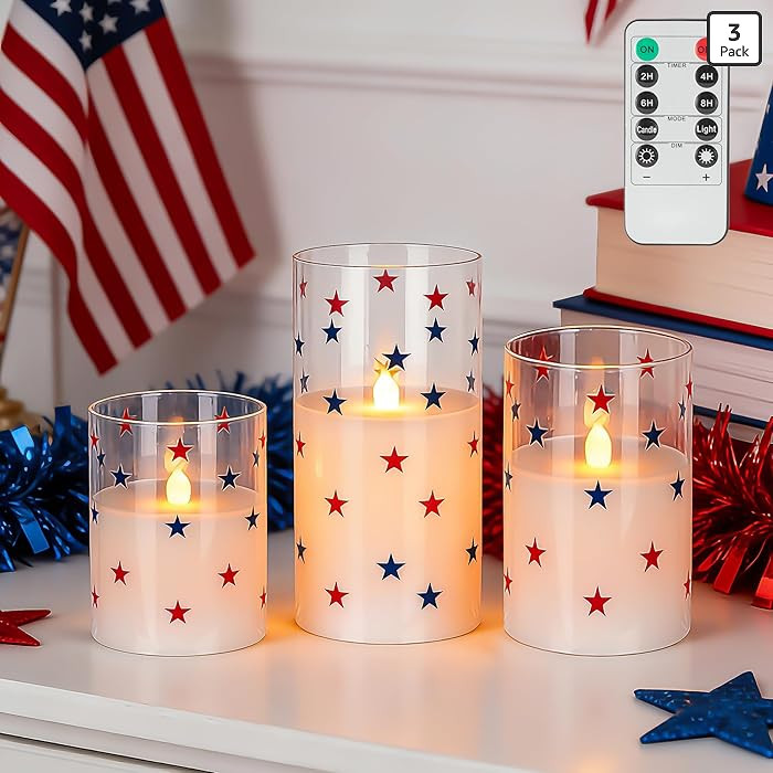 4th of July Candles, Glass Flameless Pillar Candles with Remote and Timer, Red White Blue Star Pa... | Amazon (US)