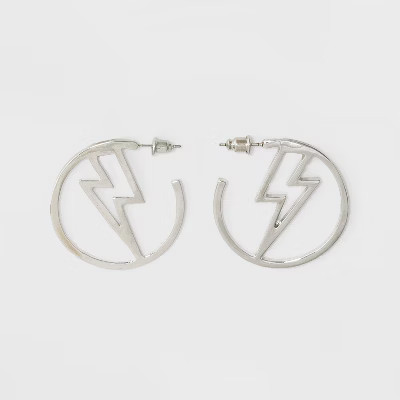 Open Hoop with Lighting Bolt Earrings - Rhodium | Target