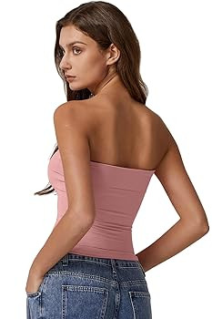 QINSEN Women's Tube Tops Strapless Bandeau Tops Double Lined Slim Fit Summer Going Out Tank Tops | Amazon (US)