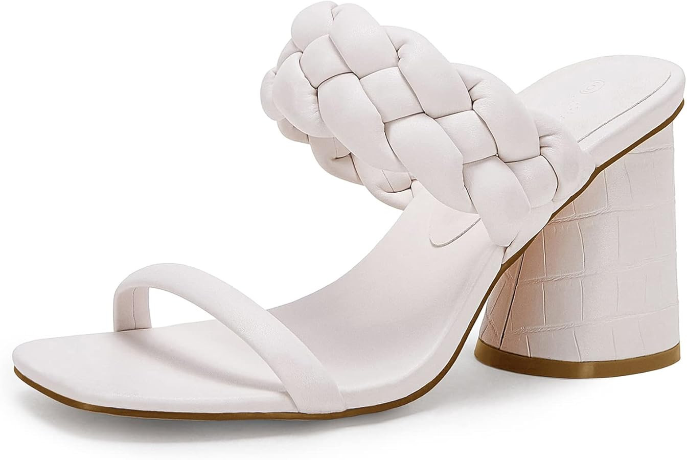 Rilista Womens Braided Heeled Sandals Square Open Toe Backless Mules Strappy Chunky Block Heels Slip On Slide Shoes | Amazon (US)