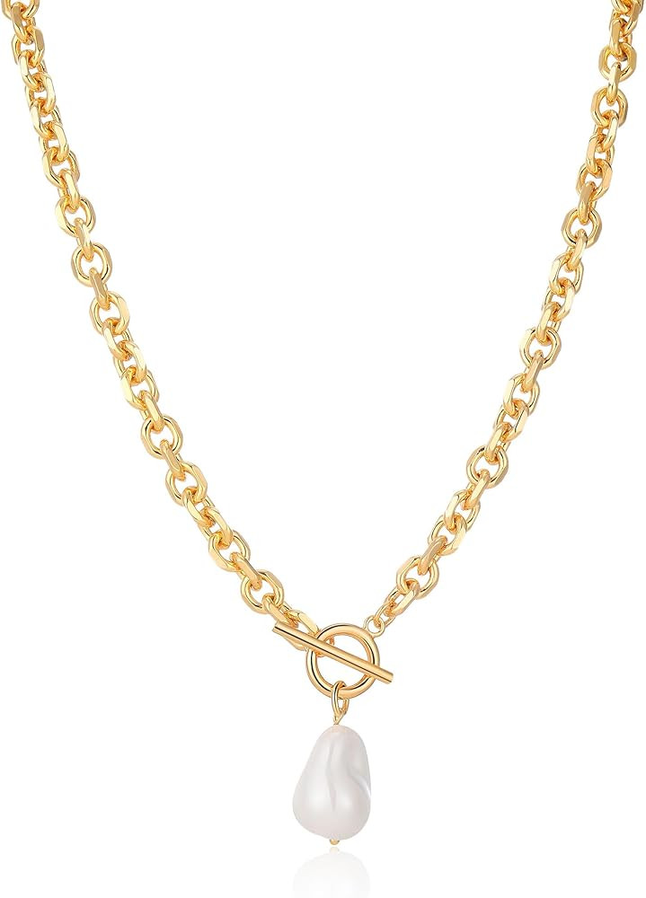 Link Chain Toggle Clasp Baroque Pearl Necklace for Women 14k Gold Plated Charm Pendant Chunky Nec... | Amazon (US)