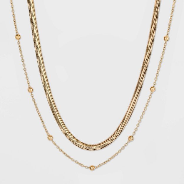 Herringbone and Ball Chain Necklace 2pc - A New Day™ Metallic Gold | Target