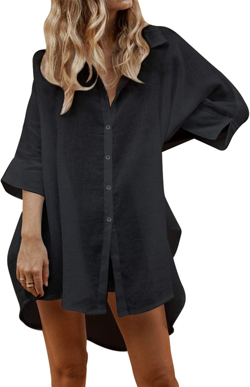Auxo Women Long Sleeve V Neck Pocket Shirt Dress Tunic Top Casual Solid Charade Blouse | Amazon (US)