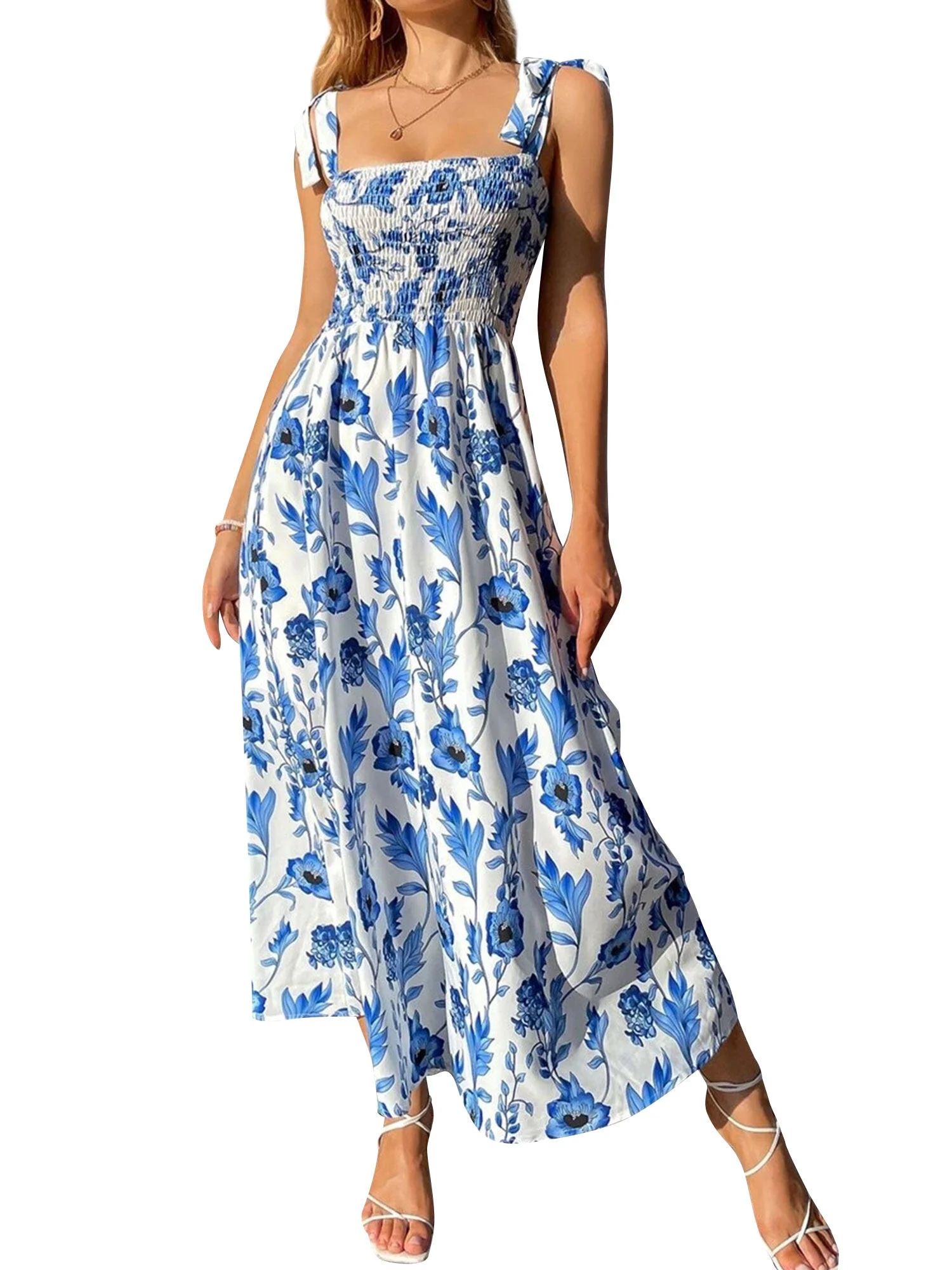 STARVNC Women Floral Print Smocked Square Neck Lace Up Backless Maxi Dress - Walmart.com | Walmart (US)