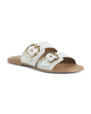 Made In Italy Leather Double Band Buckle Slide Sandals | TJ Maxx