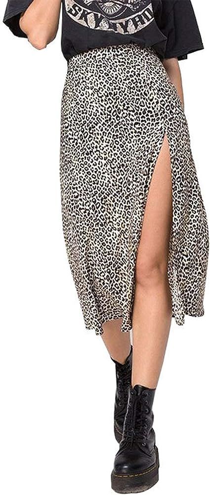 Womens Sexy Split Skirt Leopard Print High Low Split A Line Midi Skirt High Waist Elasticized Wra... | Amazon (US)