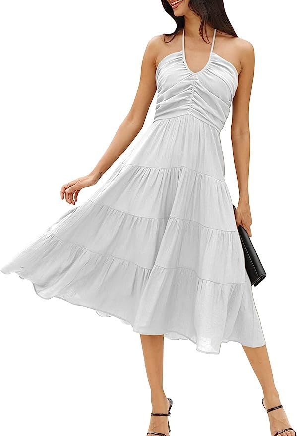 DEEP SELF Women's Summer Halter Smocked Midi Dress Sleevelesss V Neck Ruffle Tiered Swing Flowy A... | Amazon (US)
