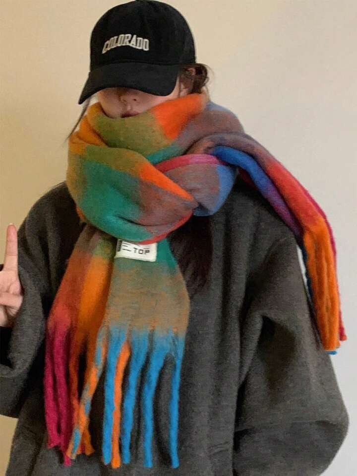 1pc Women's Multicolor Plaid Fleece Scarf Made Of Polyester Fiber | SHEIN