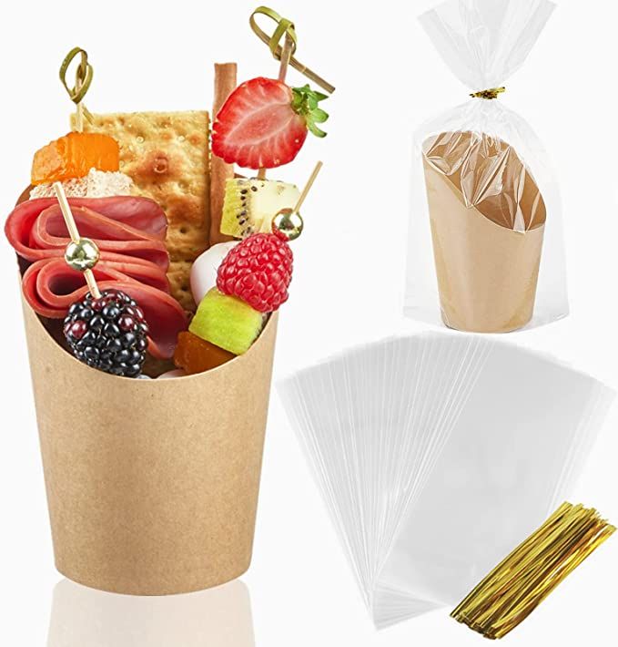 Ocmoiy [50 Cups + 50 Bags Kraft Charcuterie Cups with Clear Plastic Bags and Twist Ties, Disposab... | Amazon (US)