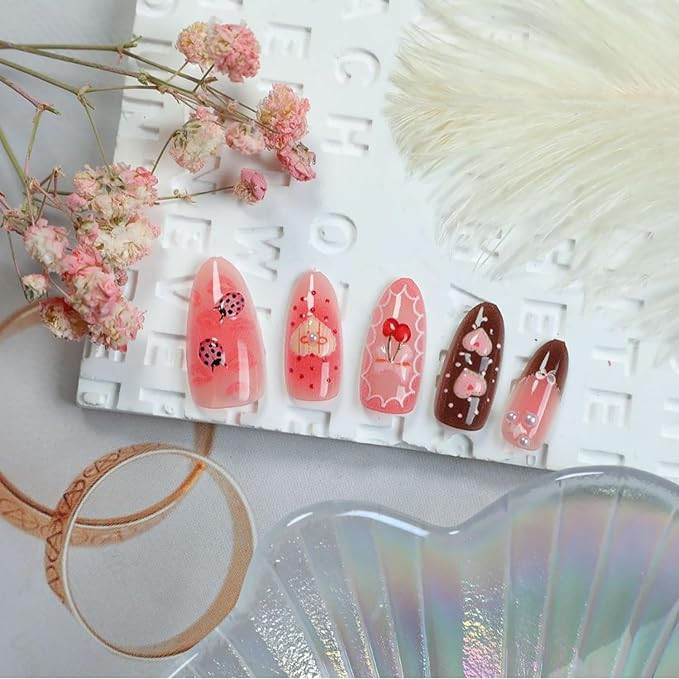 30pcs Valentines Press on Nails Medium Almond Fake Nails with 3D cute Heart Cherry Bow Designs Va... | Amazon (US)