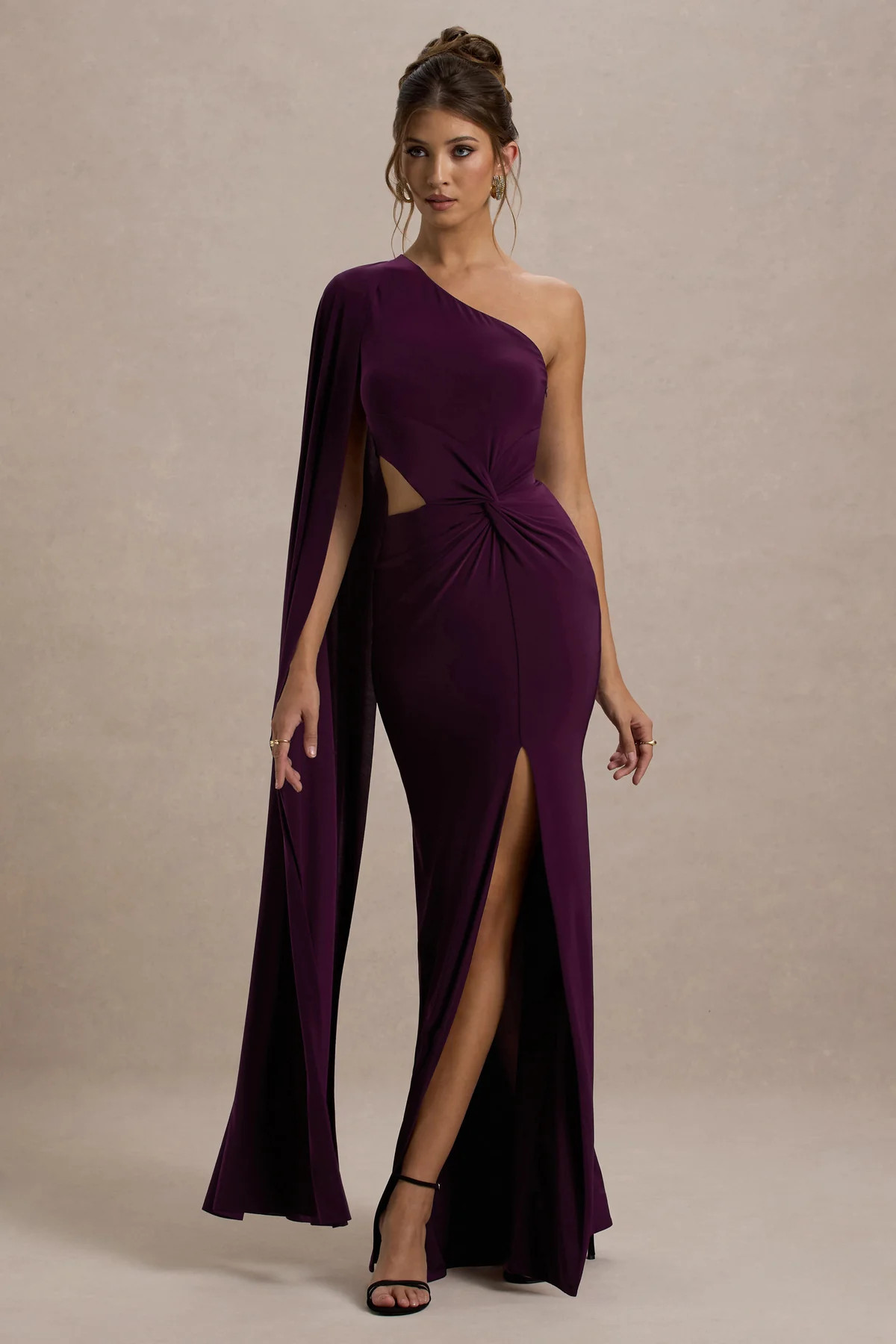 Brona | Plum One-Shoulder Cape-Sleeve Split Maxi Dress | Club L London