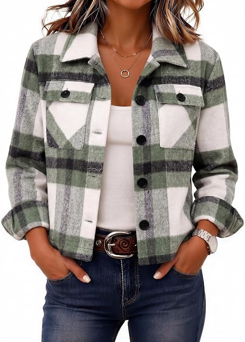Zeagoo Flannels for Women Cropped Shacket Jacket Fashion Plaid Fall Coat | Amazon (US)