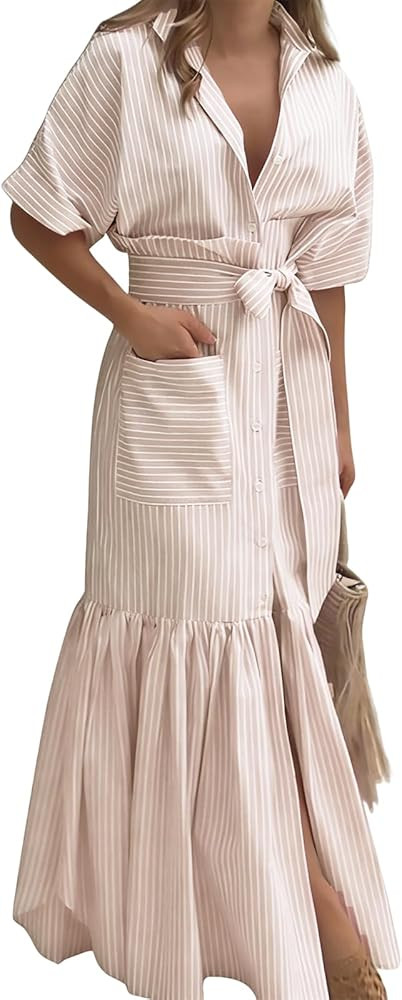 utcoco Women's 2026 Summer Casual Striped Button Down Maxi Dress Tie Waist Short Sleeve Shirt Dre... | Amazon (US)