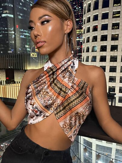SHEIN Scarf Print Cross Wrap Tie Back Halter Top
   SKU: swvest07210612300      
          (404 R... | SHEIN