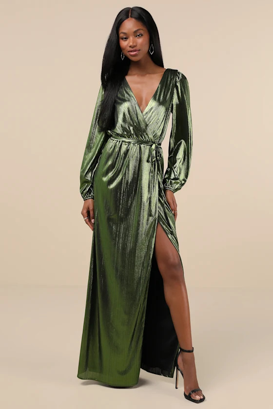 Extra Aesthetic Green Metallic Long Sleeve Surplice Maxi Dress | Lulus