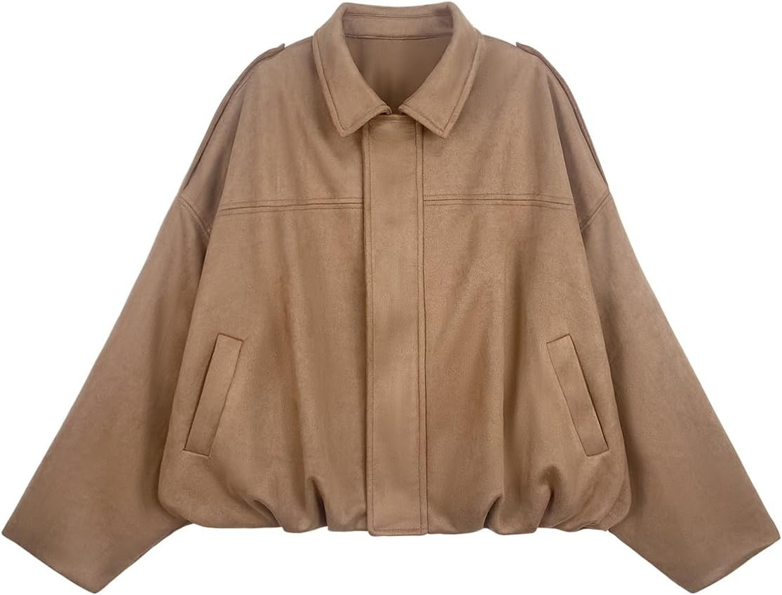 Womens Bomber Jacket Faux Suede Casual Cropped Pilot Coat Lapel Collar Causal Oversized Trendy Outwear | Amazon (US)