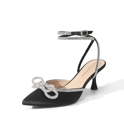DREAM PAIRS Kitten Heels Rhinestone Bow Ankle Strap Stiletto Pointed Closed Toe Heels for Women Pumps Wedding Bridal Party Dress Shoes,Size 7.5,Black,DWUMPU2541 | Amazon (US)