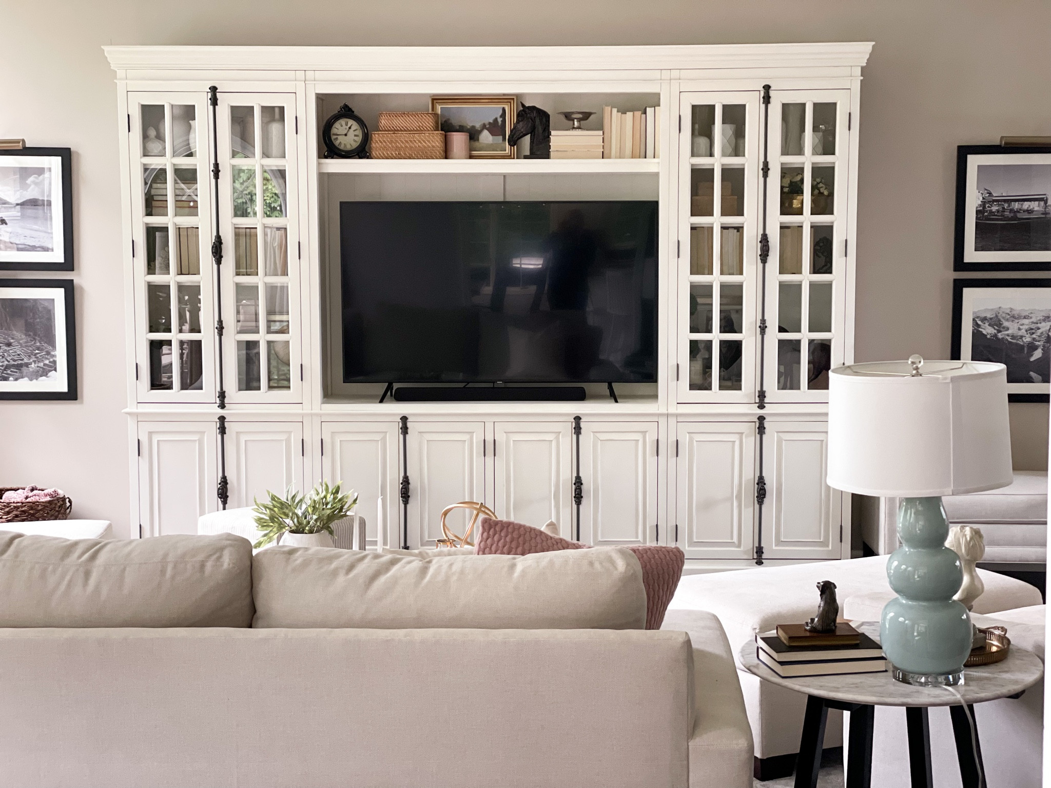Family room media stand cozy couch white decor

#LTKhome
