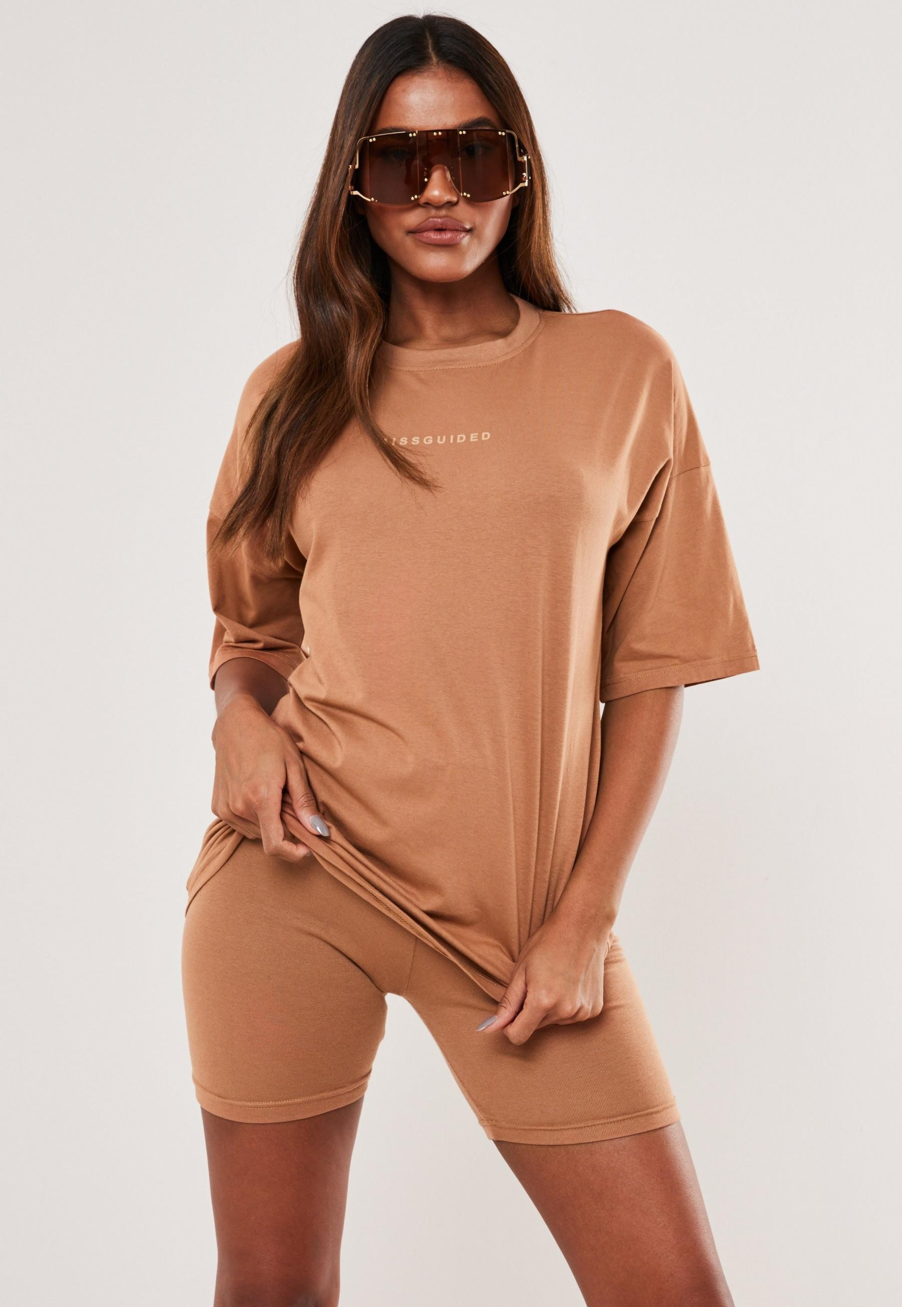 Tan Oversized Missguided T Shirt And Cycling Short Co Ord Set | Missguided (US & CA)