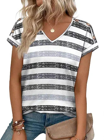 XIEERDUO Womens Summer Tops Short Sleeve Shirts with Buttons V Neck Trendy Tunic Blouses Beach Va... | Amazon (US)