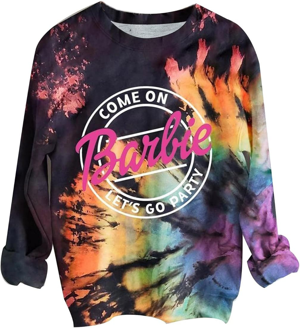 Reverse Tie Dye Rainbow Sweatshirt for Women Come On Barbie Let's Go Party T-Shirt Halloween Long... | Amazon (US)